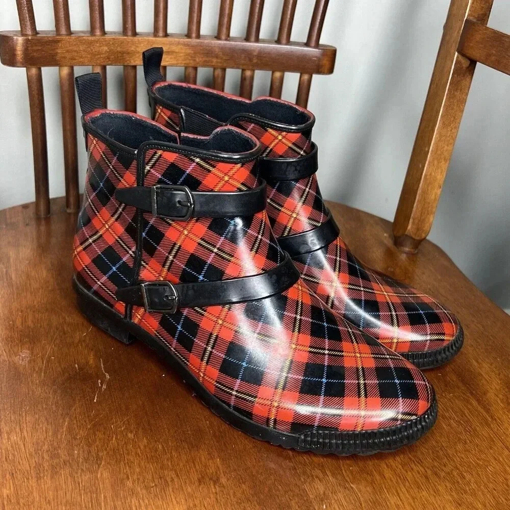 Cougar Royale Red Plaid Rain Boots Hand Crafted Fall Autumn Booties Sz 8 - Picture 1 of 9